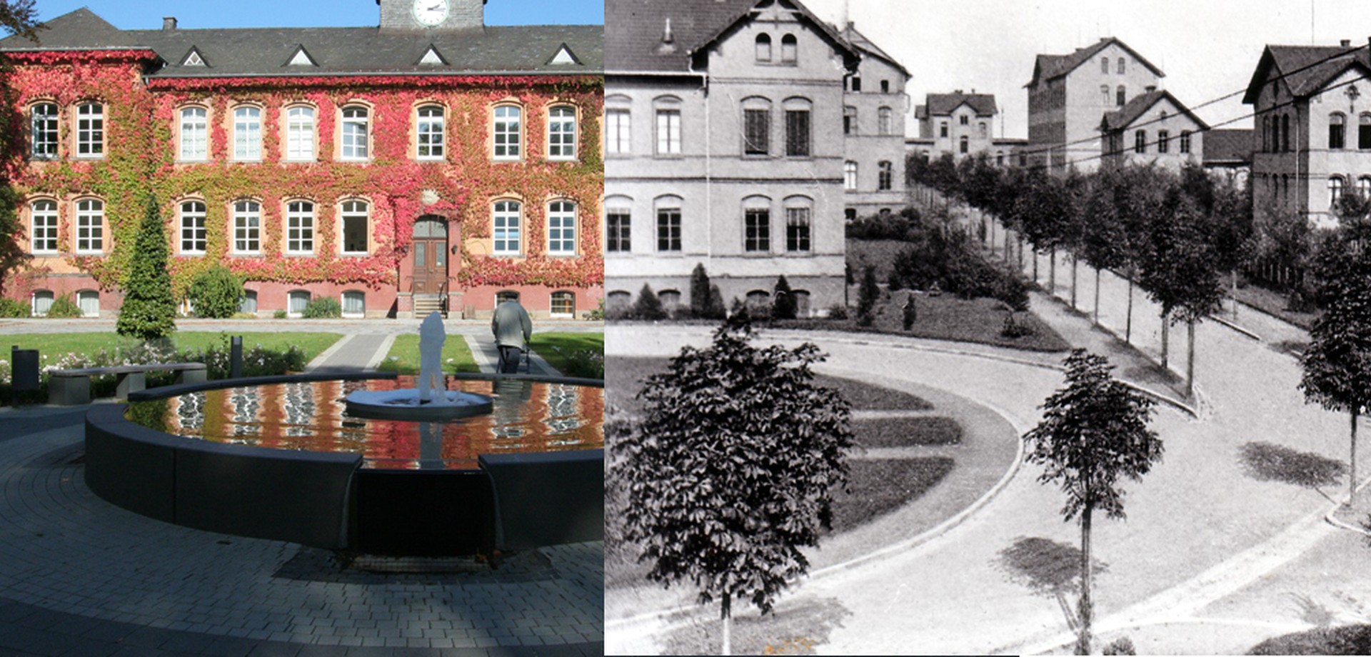 Das Verwaltungsgebäude der LWL-Klinik Dortmund, 1895 und heute in einem Fotomontage nebeneinander dargestellt.